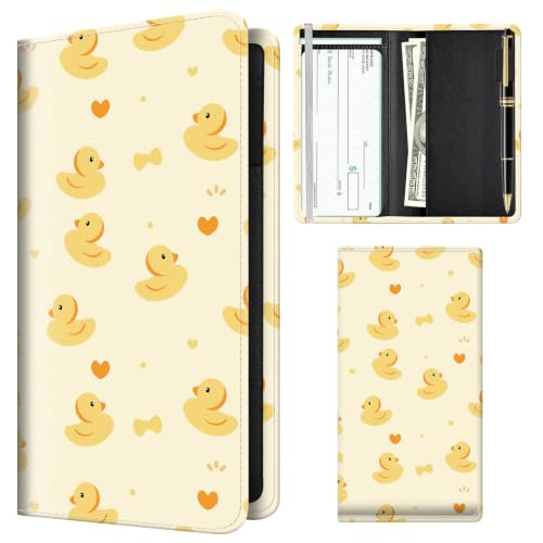 Checkbook Cover for Personal Checkbook, Cute Pu Leather Check Book for Women & Men, Slim Checkbook Holder with Pen Holder and Built-in Clear Plastic Divider, Cute Duck - color: Cute Duck