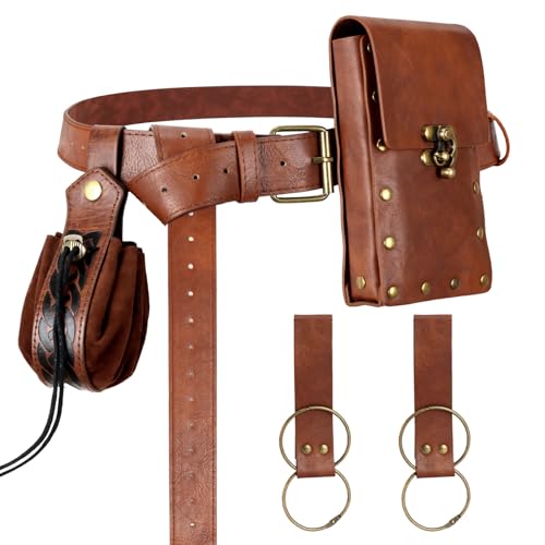 Renaissance Belt Pouch Medieval Pirate Costume Accessories Set for Cosplay | Viking Faux Leather Waist Bag, Skirt Hike Clips, Perfect for Women and Men Ren Faire, LARP, Fantasy, Halloween - color: Brown