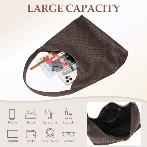 Woven Textured Vegan Leather Hobo Tote Bag Large Slouchy Purse for Women | Trendy work handbag with magnetic closure and interior pockets. Chic aesthetic satchel ideal to carry daily travel essentials - color: Coffee