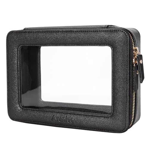 Aveniee Clear Makeup Bag Organizer, Portable Travel Toiletry Cosmetic Bag Case for Women, Heavy Duty Clear Pouch with zipper with Transparent Vinyl Windows & Gold Zippers(Black) - color: Black, style: Classic
