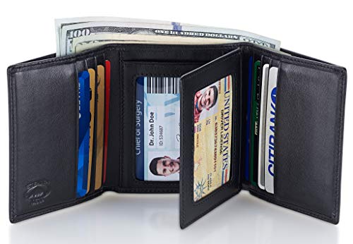 Stealth Mode Trifold Wallet for Men RFID Blocking – Genuine Napa Leather Extra Capacity Mens Wallet, 11 Card Slots, 3 ID Windows, Flip Out ID Holder, Large Tri Fold Leather Wallet for Men - Gift Ready - color: Black