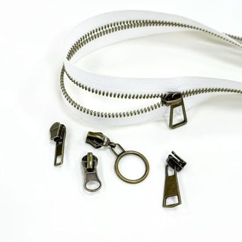 #5 Heavy Duty Metal Zipper 5 Pieces 1 Yard Long Each(White/Copper Teeth) | 10 sliders, 20 top stops, pre-cut 1 yard each, for bags, pillows, jackets, DIY crafts, home decor - color: White/Copper Teeth