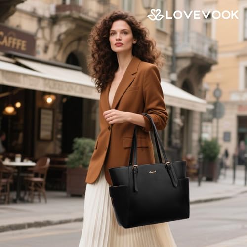 LOVEVOOK Laptop Tote Bag for Women,Leather Work Computer Briefcase Bag | Large Cup Holder,15.6 Inch Work Tote,Professional Briefcase,Teacher Commuter Shoulder Bag,Office,Travel,Gift - color: Black, size: 15.6 Inch