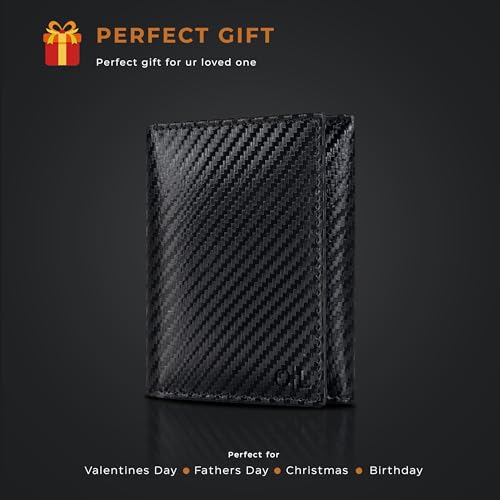 Trifold Leather Wallet for Men - RFID Slim Minimalist Front Pocket 6 Slots - color: Black Carbon/Navy