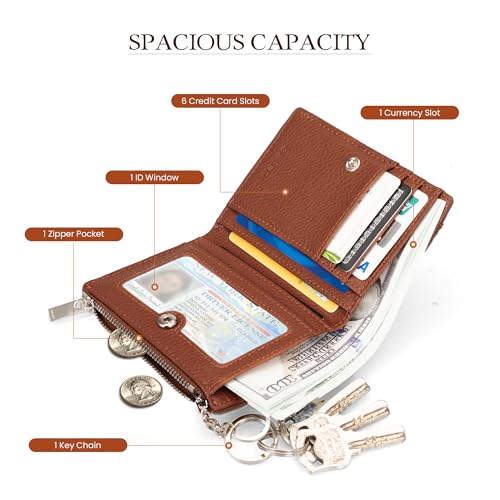 befen Genuine Leather Small RFID Blocking Bifold Wallet for Women with Zipper Coin Pocket Key Chain Wallet Purse - Brown - color: Brown