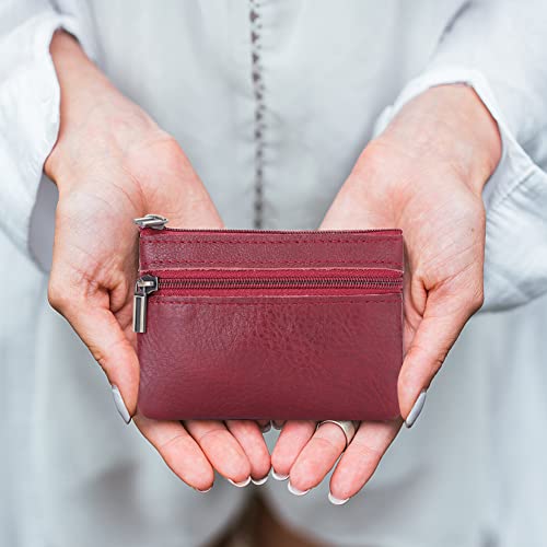 Genuine Leather Coin Purse, Small Coin Pouch for Men Women, Cash Change Wallet Key Holder Money Pouch with Key Ring, Zipper Storage Bag Coin Organizer - color: Wine Red
