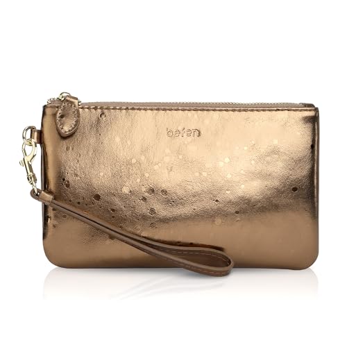 befen Genuine Leather Wristlet Clutch RFID Blocking Bag Cell Phone Purse | Cell Phone Wristlet Clutch for Women, Small Wallet Purses with RFID Blocking Card Slots - color: Bronze