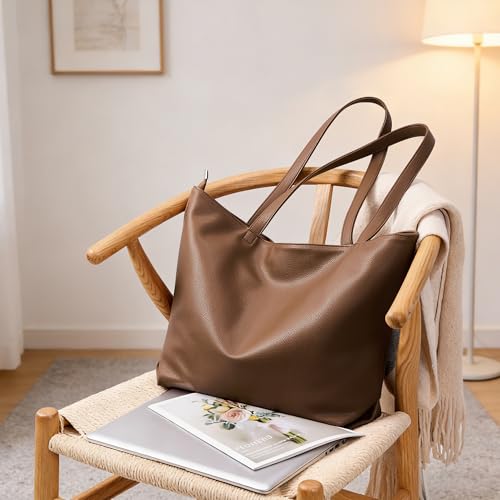 WLLWOO Soft Vegan Leather Tote Bag for Women Large Hobo Zipper Purse | Casual Shoulder Handbags Carryall for Work Daily Weekender Travel Commute - color: Coffee