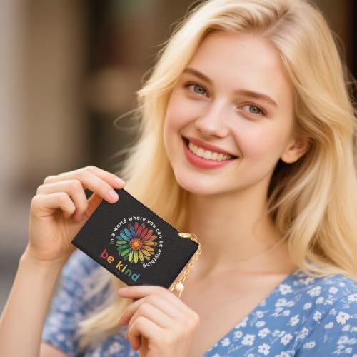 Flower Be Kind Keychain Coin Purse for Women, Small Change Pouch | Cute Key Chain Purse, Little Mini Zipper Pocket, PU Leather, Travel Wallet for Girls, Coin Cash Holder, Key Ring, Women Gifts - color: Be kind