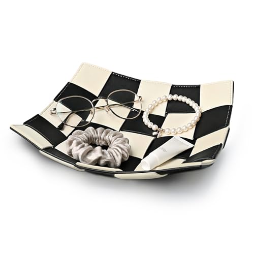 MSJGA Black and White Checkered Valet Tray PU Leather Key Holder Bowl for Women and Men Entryway Table Nightstand Desk Tray for Wallet, Keys Men's Gift - 9.8" L x 9.8" W x 2" H - color: Black and White Checkerboard
