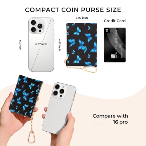 Blue Butterfly Keychain Coin Purse for Women, Small Change Pouch | Zipper Key Chain Purse, Little Tiny Zip Pocket, PU Leather, Travel Wallet for Girls, Cute Coin Holder, Key Ring, Women Gifts - color: Blue Butterfly