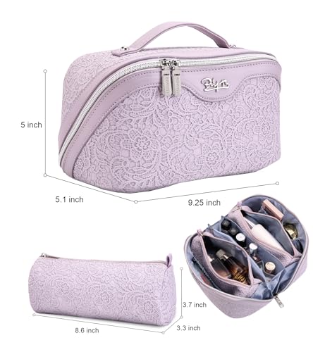 BOYATU Travel Makeup Bags Cosmetic Organizer Bag: 3-Set Large Capacity Make up Bag - PU Leather Toiletry Bags for Women - Wide Open Portable Pouch with Divider & Handle (A-Violet) - color: A-Violet
