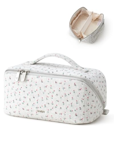 EACHY Makeup Bag, Knitted Floral Cosmetic Bag for Women, 180° Wide-Open Flat Makeup Pouch, Large Capacity Travel Toiletry Bag with Divider and Handle - color: CG-Gray Floral, size: Medium