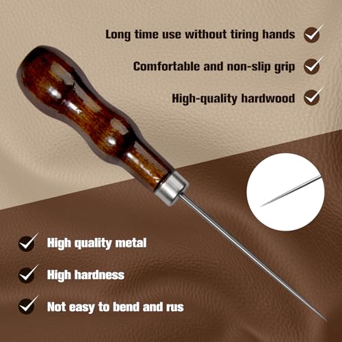 3 Pack Scratch Awl Tool with Wooden Handle with Wooden Handle Sewing Awl Gourd Shape Pin Punching for Leather Punch Hole Craft Repair Shoes Sewing Crochet DIY Handmade Stitch