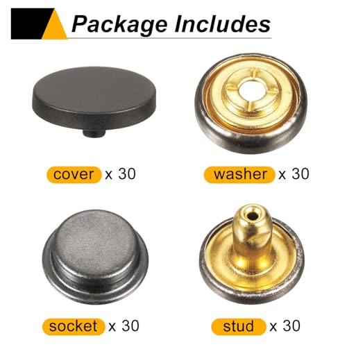 HARFINGTON 30 Sets Press-Stud Cap Button 15mm Metal Snap Fastener Alloy Sew-on Snap Buttons for Bags Leathers Marine Boat Canvas, Black - color: Black, size: 15mm