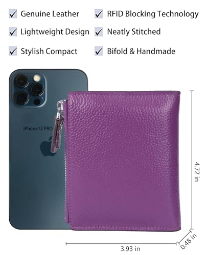 Women's RFID Blocking Leather Small Compact Bi-fold Zipper Pocket Wallet Card Case Purse with id Window - color: Lichee Purple