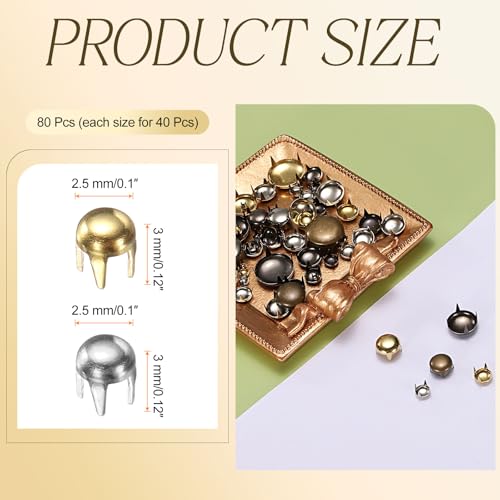 HARFINGTON 80pcs Round Dome Rivets 2.5mm Copper 4 Claw Rivet Metal Spike Studs Spots Punk Rock for Leather Craft Clothes Belt Bag Shoes Bracelet Accessories, Silver/Gold - color: Silver/Gold, size: 2.5mm