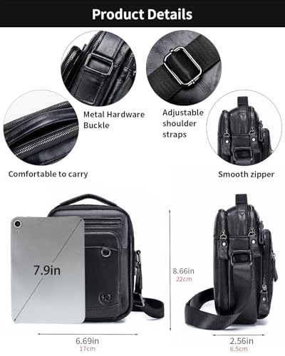 Leather Crossbody Bag for Men with Double Compartments | Genuine cowhide,two roomy sections,adjustable strap,zip closure,ideal for work,commuting,travel and gifts - color: Black-1