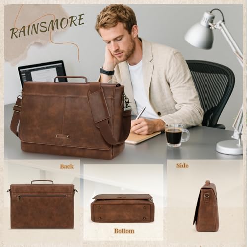 RAINSMORE Vintage Flap Messenger Bag for Men PU Leather Laptop Bag 15.6 Inch Mens Briefcase Waterproof Satchel Computer Bag - color: Brown