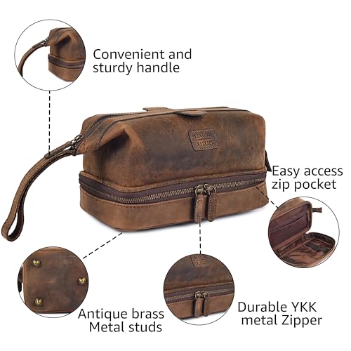 LEATHER VILLAGE Leather Toiletry Bag for Men, Travel Dopp Kit Shaving Bag | Full grain buffalo leather, two zip compartments, 9.6x5.5x5.1 in, YKK zippers, water-resistant lining, shaving kit- Brown - color: Rustic Brown