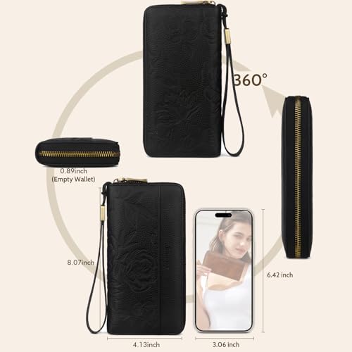 Leather Wallet Women With Embossed Flowers,RFID Blocking Wristlet | Large Capacity With 12 Credit Card Slots,Zip Coin Pocket,Cash Pocket,Detachable Wristlet,Daily Shopping Travel Wallet Black - color: a3-black