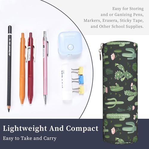OSAM SPACE Leather Pencil Case Round Pencil Bag Green Plant Cactus Pen Organizer Holder Portable Zipper Pouch Cute School Supplies for Girls Boys Study Office - color: Green Plant Cactus
