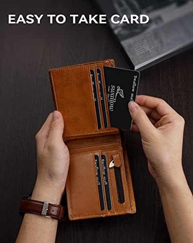 Swallowmall Wallet for Men RFID Blocking Genuine Leather Mens Wallets Bifold with 1 ID Window 15 Card Slots tan - color: tan