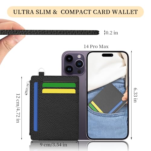 Hancynir Black Minimalist Slim Wallet Women Credit Card Holder RFID Small | Zipper Pocket Wallet, Thin Travel Coin Purse, Ladies Women Men Gifts, Cute Card Case, 6 Card Slots, ID Window, PU Leather - color: 01-Lichee Black