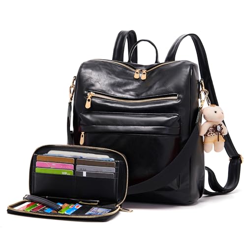Soperwillton Women Backpack Purse Shoulder Handbags Travel Bag Set 2pcs | Soft PU Leather,Large Capacity,Many Pockets,with a Functional Wallet,with a Detachable Shoulder Strap,Multipurpose Design - color: Black