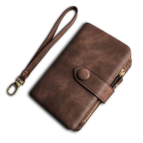 AOXONEL Women's Small Bifold Leather wallet Rfid blocking Ladies Wristlet with Card holder id window Coin Purse - color: Brown