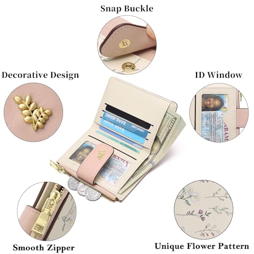 GAEKEAO Wallet Women Small RFID Vegen Leather Card Holder for Women | Compact leather wallet, credit card holder, RFID protection, ID window, coin pocket, lightweight travel purse - color: Pink