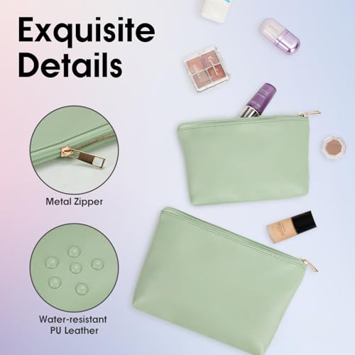 Wandering Nature Makeup Bag Small Cosmetic Bag for Purse 2 Pack Small Make Up Pouch Vegan Leather Cute Travel Pouch with Zipper for Women, Green - color: Green1
