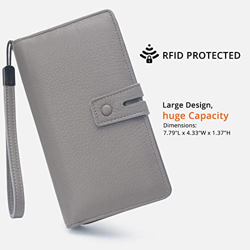Bveyzi Women's Big Fat Rfid Leather Wristlet Wallet Organizer Large Phone Checkbook Holder with Zipper Pocket (Grey) - color: Grey
