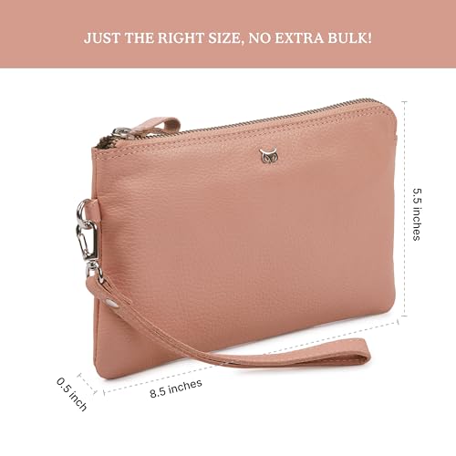 Leather Wristlet Wallet for Women Clutch Handbag Purse with Cell Phone Slot | Genuine Top Grain Leather, 8 Credit Card Slots, Detachable Strap, YKK Zipper, Gifts for Women - color: Baby Pink Nappa