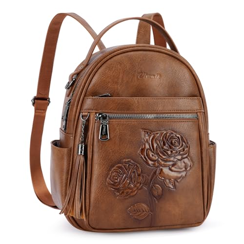 Mini Backpack Purse for Women,Vegan Leather Small Backpack for Daily | Embossed Lightweight Water-Resistance Travel Mini Fashion Daypack Bag,Ladies Casual Backpack Purse Gift Choice for Women - color: Brown-flower