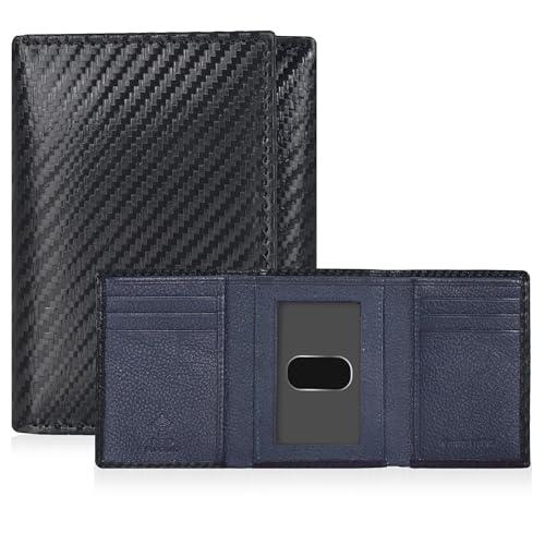 Trifold Leather Wallet for Men - RFID Slim Minimalist Front Pocket 6 Slots - color: Black Carbon/Navy