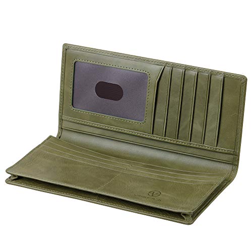 VISOUL Leather Checkbook Cover Wallet for Men with RFID Blocking, Mens Long Bifold Cash Tall Wallet with 11 Credit Card Slots 1 ID Window (Olive Green) - color: Olive Green