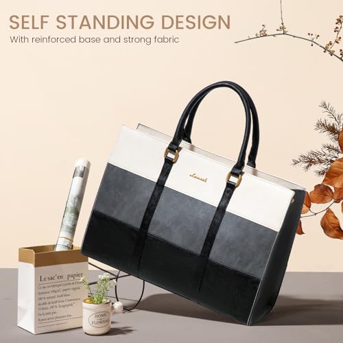 LOVEVOOK Laptop Bag for Women, 15.6 Inch Laptop Tote Bag, Vintage Leather Work Bags for Women, Waterproof Computer bag with Clutch Purse, Large Capacity Briefcase, Business Office Bag | Two-piece set - color: Black - Dark Gray - Beige, size: 15.6 inch