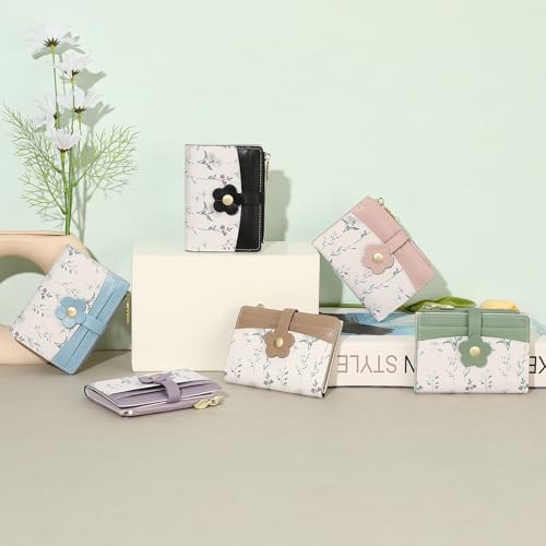 GAEKEAO Small Wallets for Women RFID Blocking Bifold Floral Vegan Leather Wallet Card Holder with ID Window & Zipper Pocket - color: C06-Blue