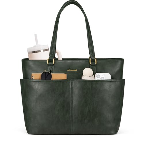 LOVEVOOK Work Tote Bag for Women, Retro Leather 17.3 Inch Laptop Bag with Large Cup Holder, Computer Briefcase Handbag for Teacher, Nurse, and Medical Professionals - color: Green, size: 17.3 Inch