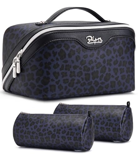 BOYATU Travel Makeup Bags Cosmetic Organizer Bag: 3 Pcs Set Large Capacity Make up Bag with Compartments - Waterproof Leather Toiletry Bags with Handle for Women (B-Blue) - color: B-Blue