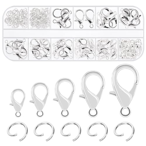 Swpeet 170Pcs Silver 10mm 12mm 14mm 16mm 18mm Open Jump Rings and 6mm Lobster Clasps Assortment Kit, Perfect Jewelry Findings Kit Fits for DIY Making Bookmark Pinch Bracelet Choker Necklace - color: Silver