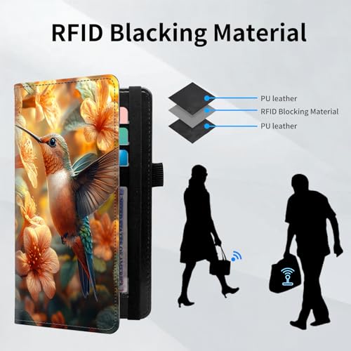 Checkbook Cover for Women and Men, RFID Blocking PU Leather Checkbook Holder Wallet Case with Elastic Strap & Multiple Card Slots, for Checks and Cards, Hummingbird Orange Flowers - color: Hummingbird Orange Flowers