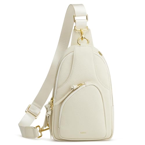 Kattee Sling Bag for Women, Leather Crossbody Bags for Travel, Beige. | Top grain pebbled cowhide leather fanny pack crossbody purse. Small chest bag with RFID blocking for travel. - color: Beige