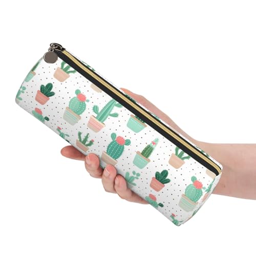 OSAM SPACE Leather Pencil Case Round Pencil Bag Plant Cactus Simple Pen Organizer Holder Portable Zipper Pouch Cute School Supplies for Girls Boys Study Office - color: Plant Cactus Simple
