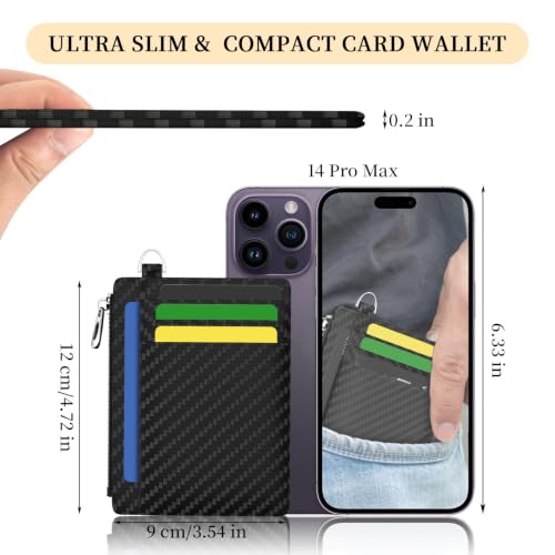 Hancynir Minimalist Black Slim Wallet Men Credit Card Holder Small RFID | Zipper Pocket Wallet, Thin Travel Coin Purse, Ladies Women Mens Gifts, Cute Card Case, 6 Card Slots, ID Window, PU Leather - color: 01-Carbon Black