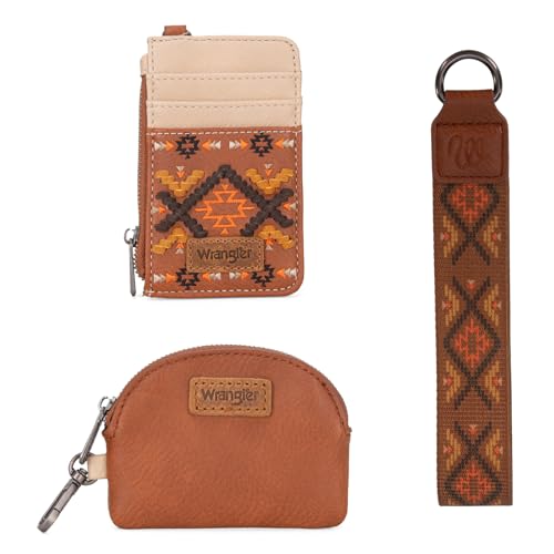 Wrangler Western Keychain Wristlet Wallets for Women Retro Dual Pouch Wristlet Credit Card Holder Wallet with Zipper Pocket WG2214-W0051BR - color: Aztec-Brown