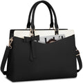 RAINSMORE Laptop Bag for Women 15.6 Inch PU Leather Laptop Tote Professional Business Office Work Bag Waterproof Briefcase Computer Tote Bag Large Lightweight Handbag Shoulder Bag - color: Black and Beige
