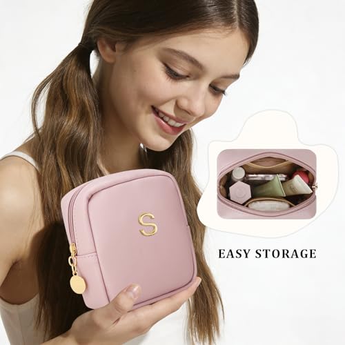 Initial Mini Makeup Bag Cosmetic Bag for Women | Personalized Gift, Toiletry Bags, 2 Mesh Pockets, Soft PU Leather, Water Proof Design, Smooth Zipper & Sturdy Build - size: 1pc Pink, style: S