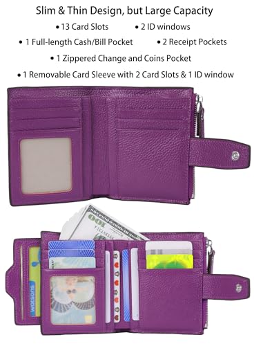Women's RFID Blocking Leather Small Compact Bi-fold Zipper Pocket Wallet Card Case Purse with id Window - color: Lichee Purple
